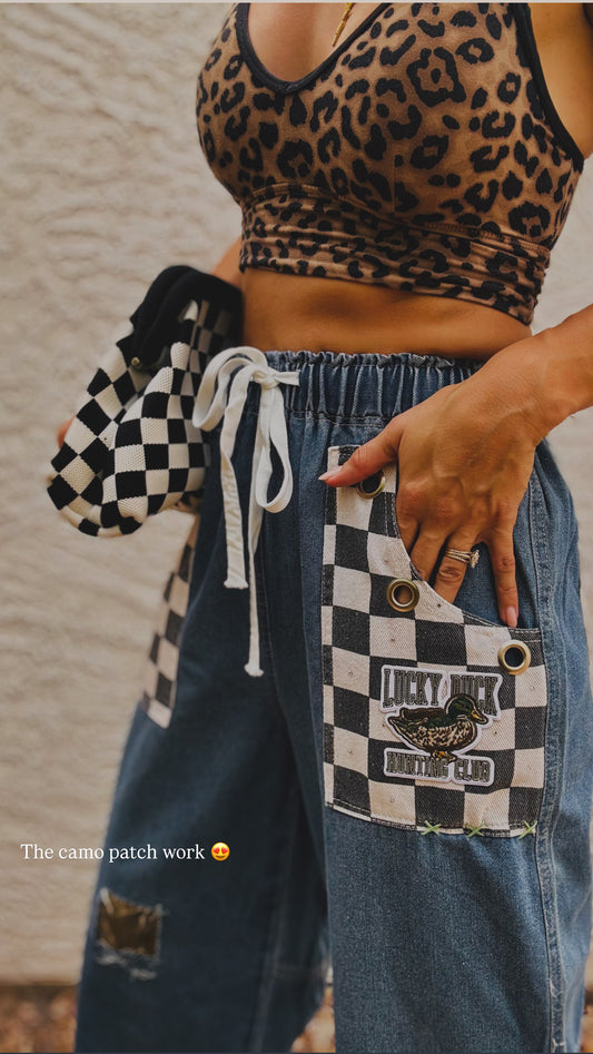 AUG- LUCKY DUCK CAMO REWORK WIDE LEG LIGHT DENIM- SIZE MEDIUM ELASTIC WAIST BAND AND DRAW STRING