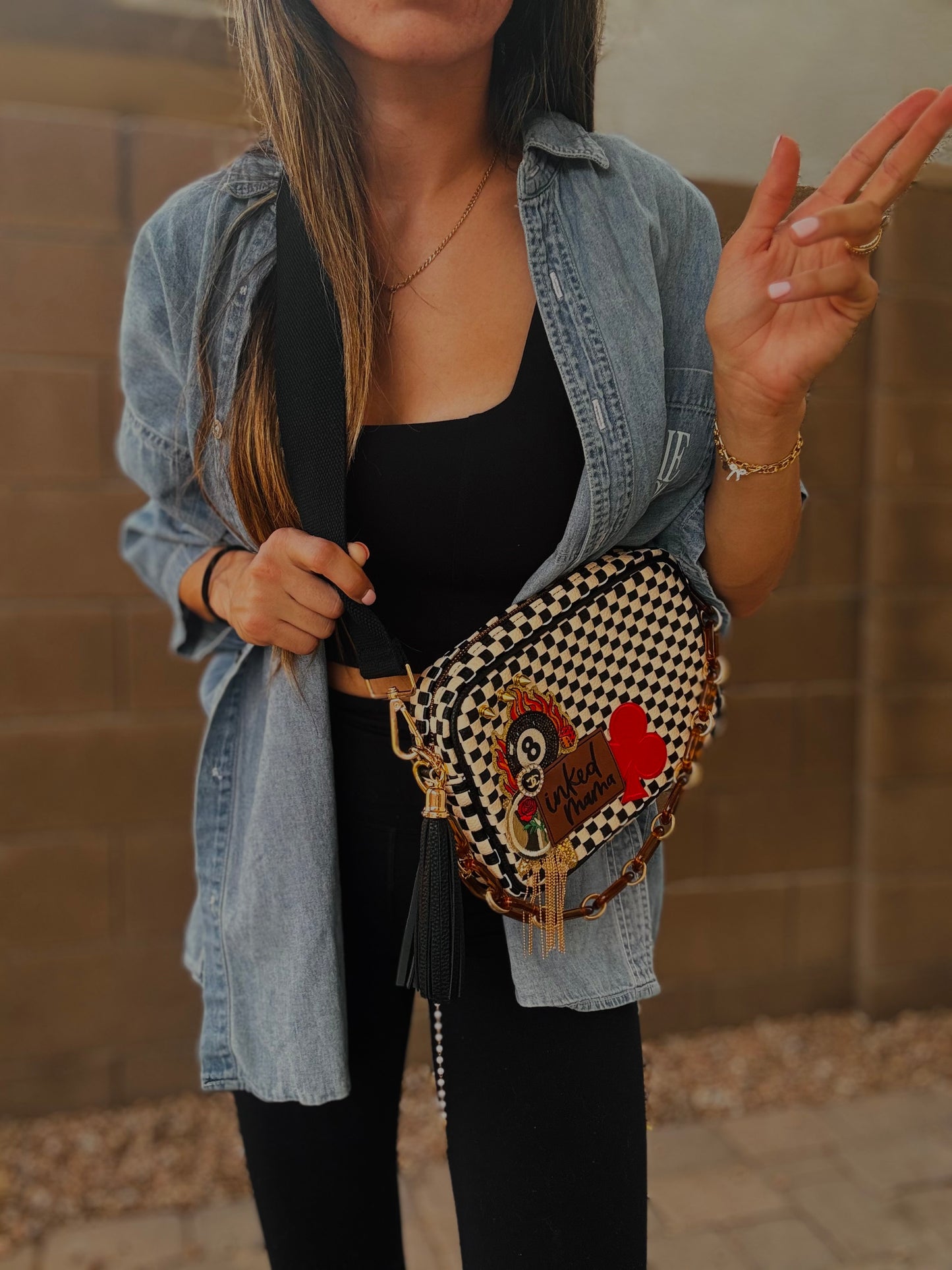HA- inked mama UPCYCLED CC BUTTON LUX- black checkered OG *Page Bag*
