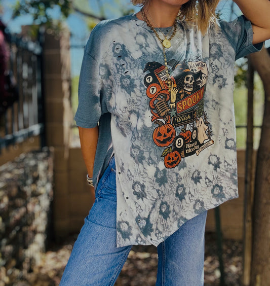 MD-Spooky motel blue lace wash -DAD TEE XL CUT OFF BOTTOM HEM SLIT SIDE