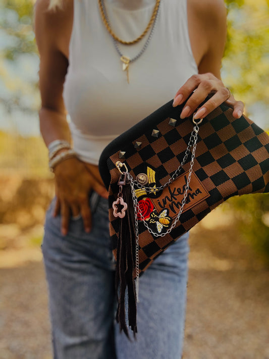 UM-INKED MAMA CHECKERED BLACK AND BROWN +** LIZZIE KISS CLUTCH**