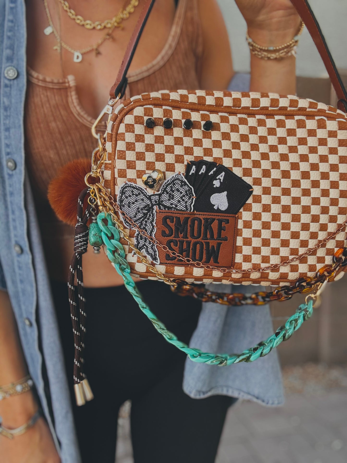 FC-Smoke show UPCYCLED AUTHENTIC BUTTON-tan checkered OG *Page Bag* Dual straps