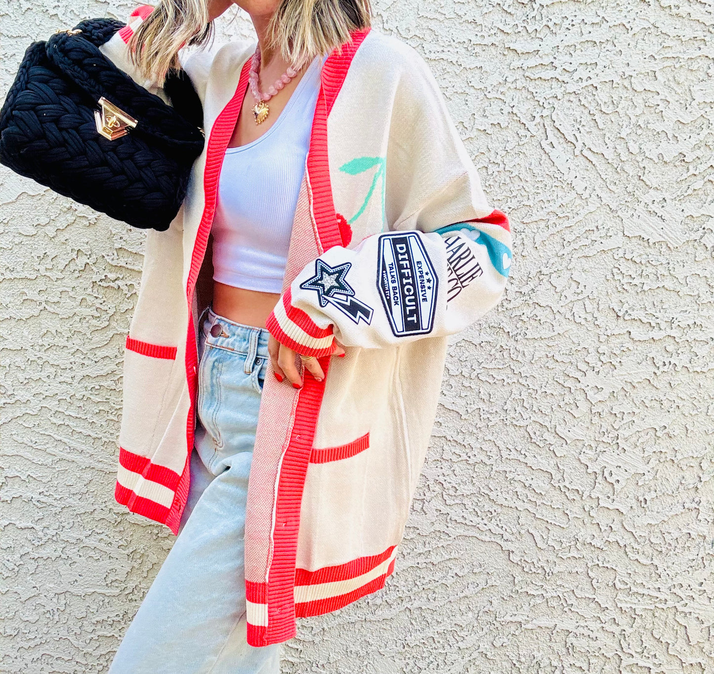 BBH-CHERRY BOMBER CARDIGAN + expensive, difficult talks back, + CM CO. babes