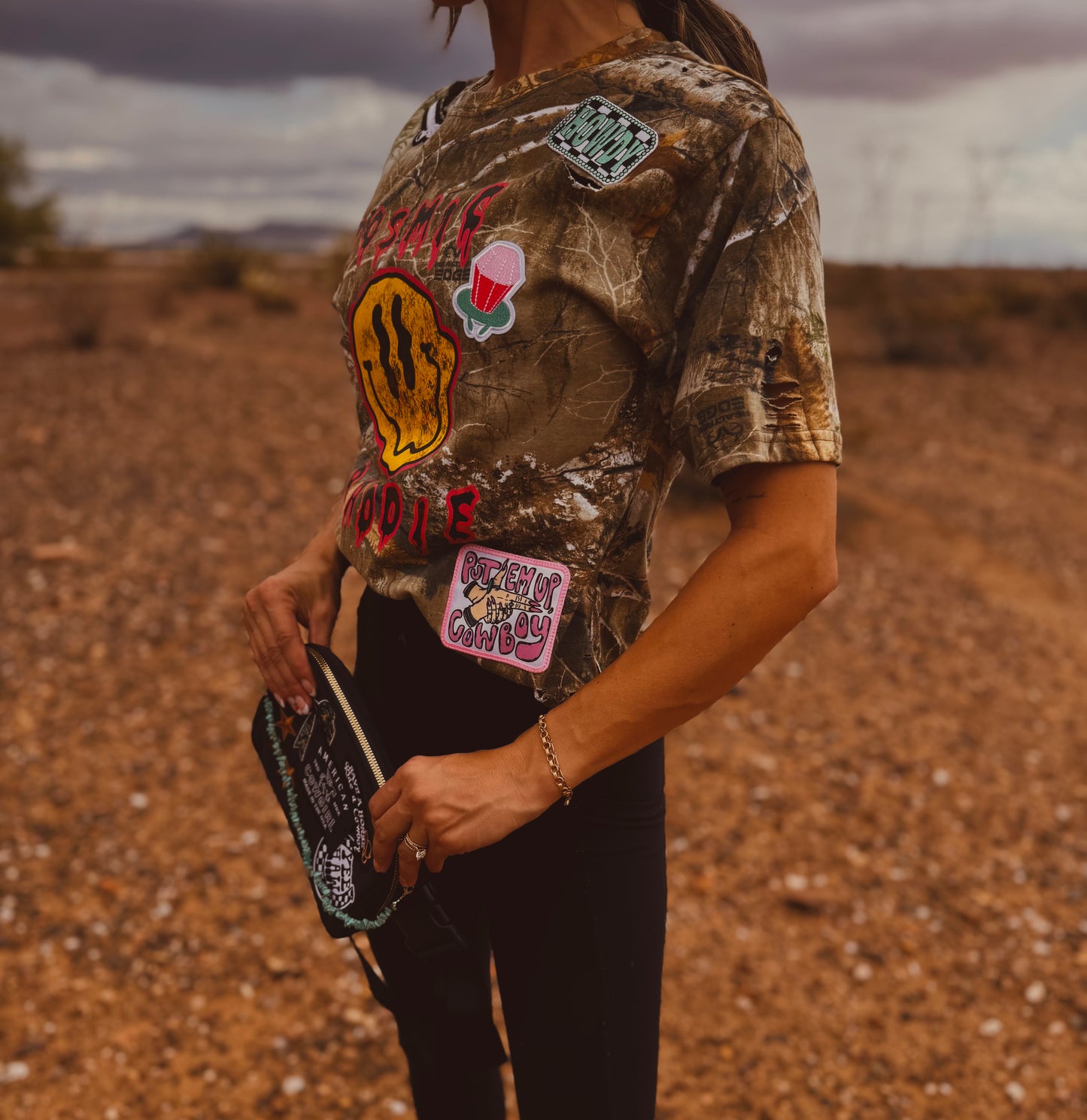 VT- Cosmic BADDIE good vibes put em up cowboy pink - REALTREE CAMO TSHIRT
