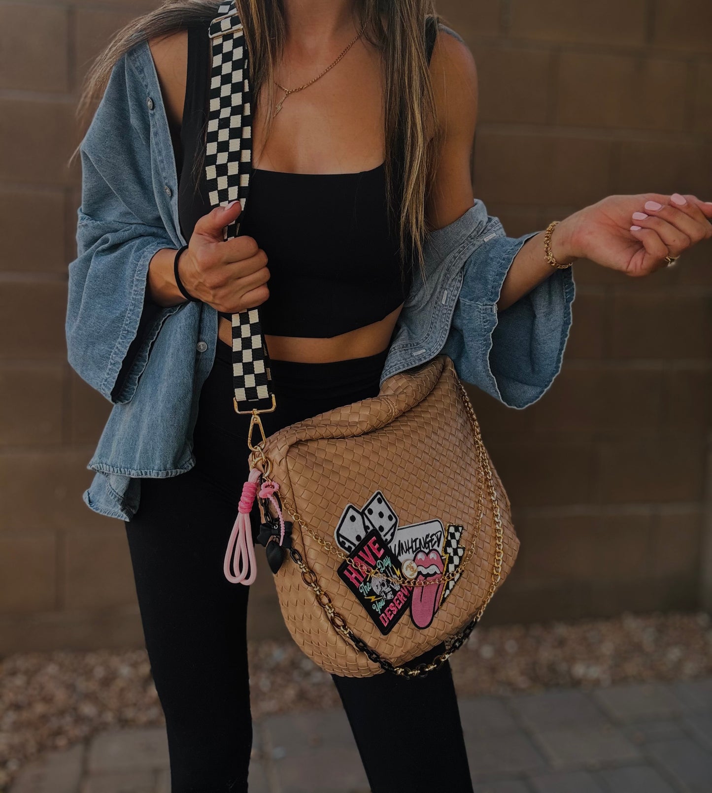 HA- have the day you deserve pink checkered Unhinged UPCYCLED CC BUTTON -taupe bag *CHANDLER BAG**