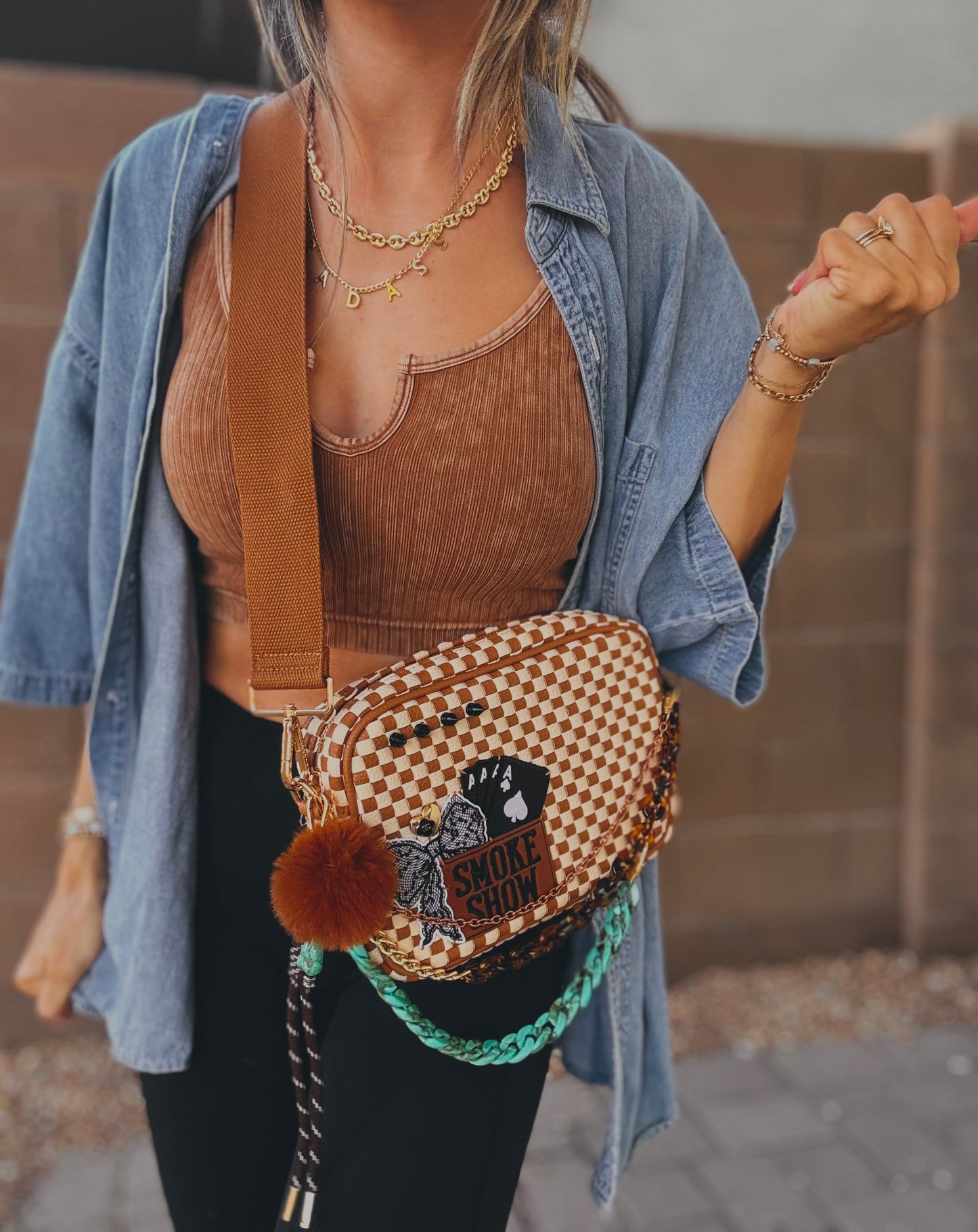 FC-Smoke show UPCYCLED AUTHENTIC BUTTON-tan checkered OG *Page Bag* Dual straps