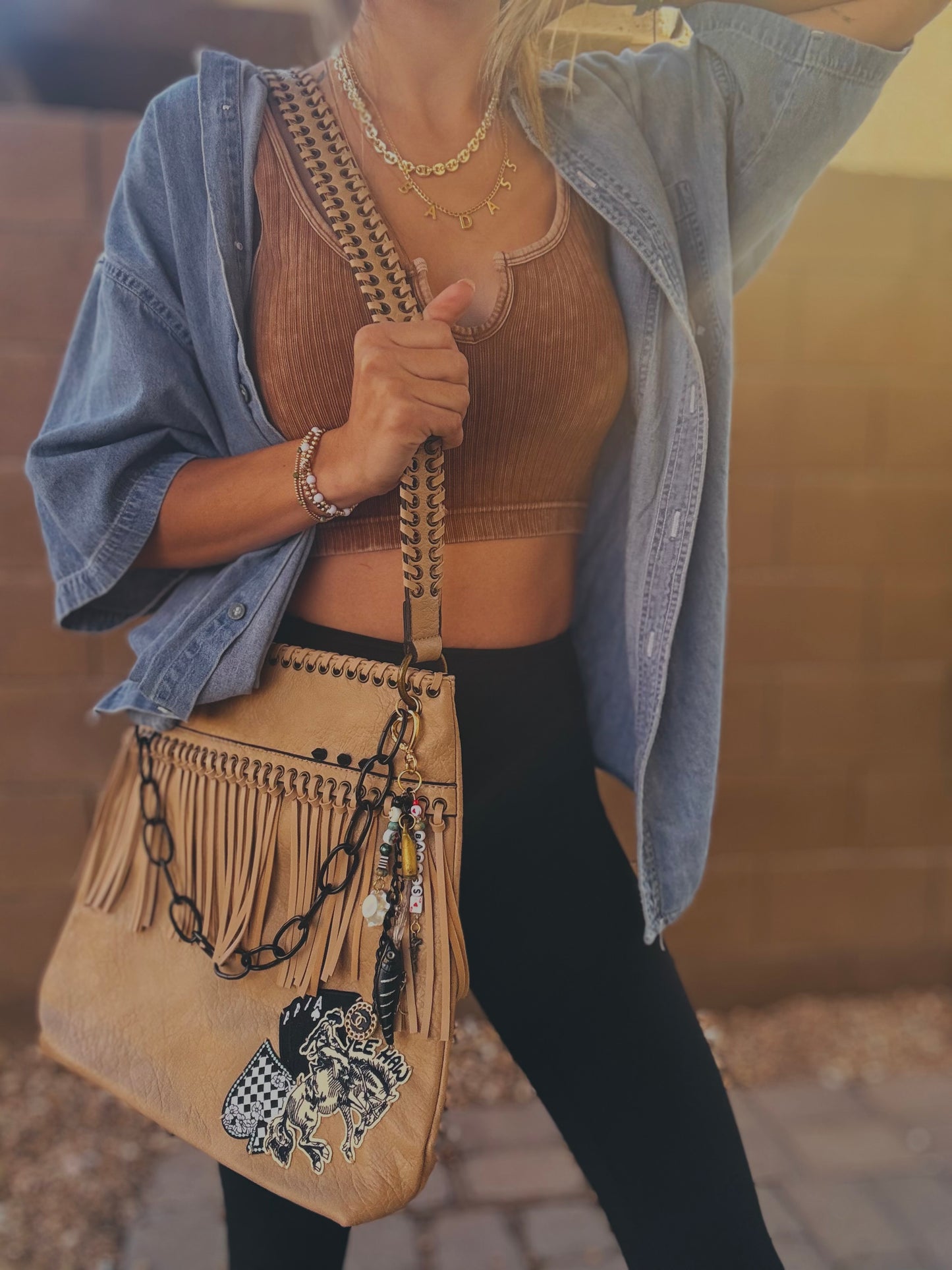FC-buckin babe + Authentic upcycled button- FRINGE +buckle CROSSBODY