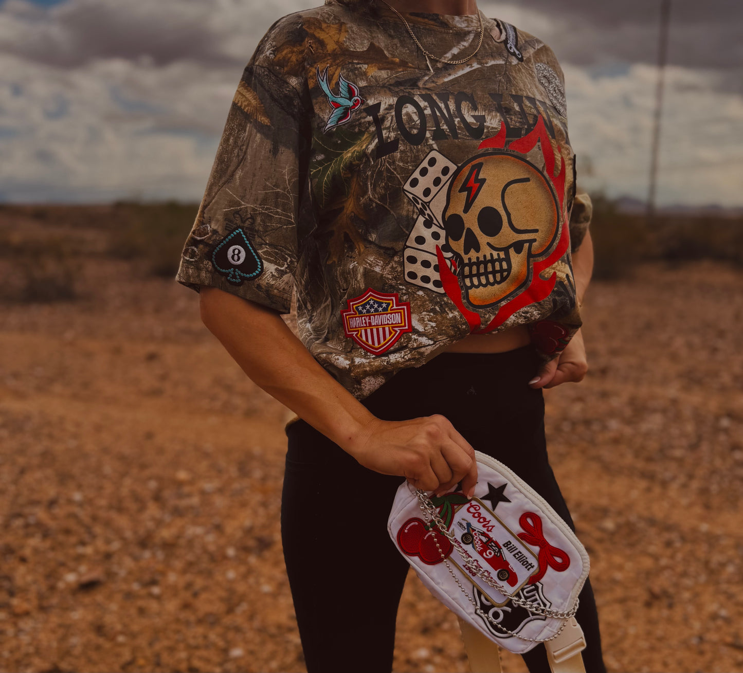 VT- LONG LIVE RAD WOMEN rhinestone skull bike babe patches - REALTREE CAMO TSHIRT