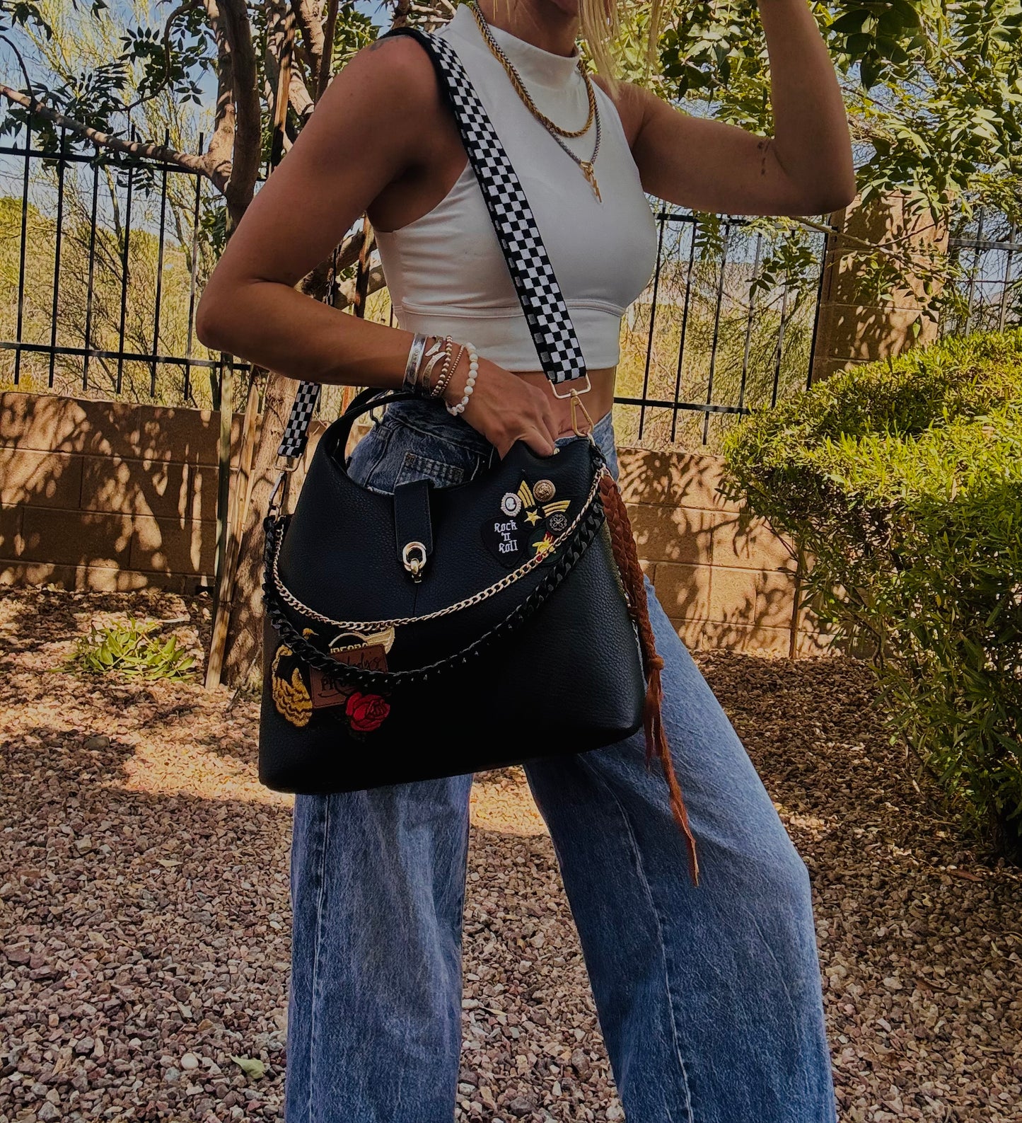 UM - SOMEBODYS PROBLEM ROCK AND ROLL VINTAGE CHECKERED STRAP+ elk hide accents +TUCSON ** multi straps