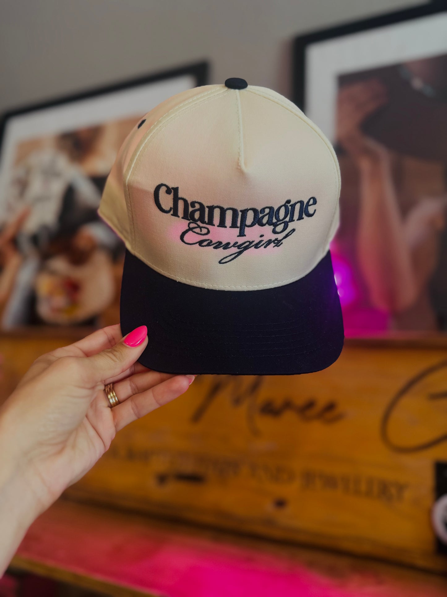 CT- champagne cowgirl* navy blue two tone canvas SNAPBACK TRUCKER