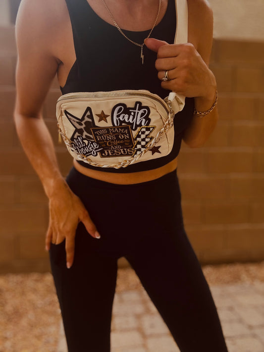 BB- this mama runs on coffee and Jesus - Creme BELT BAG