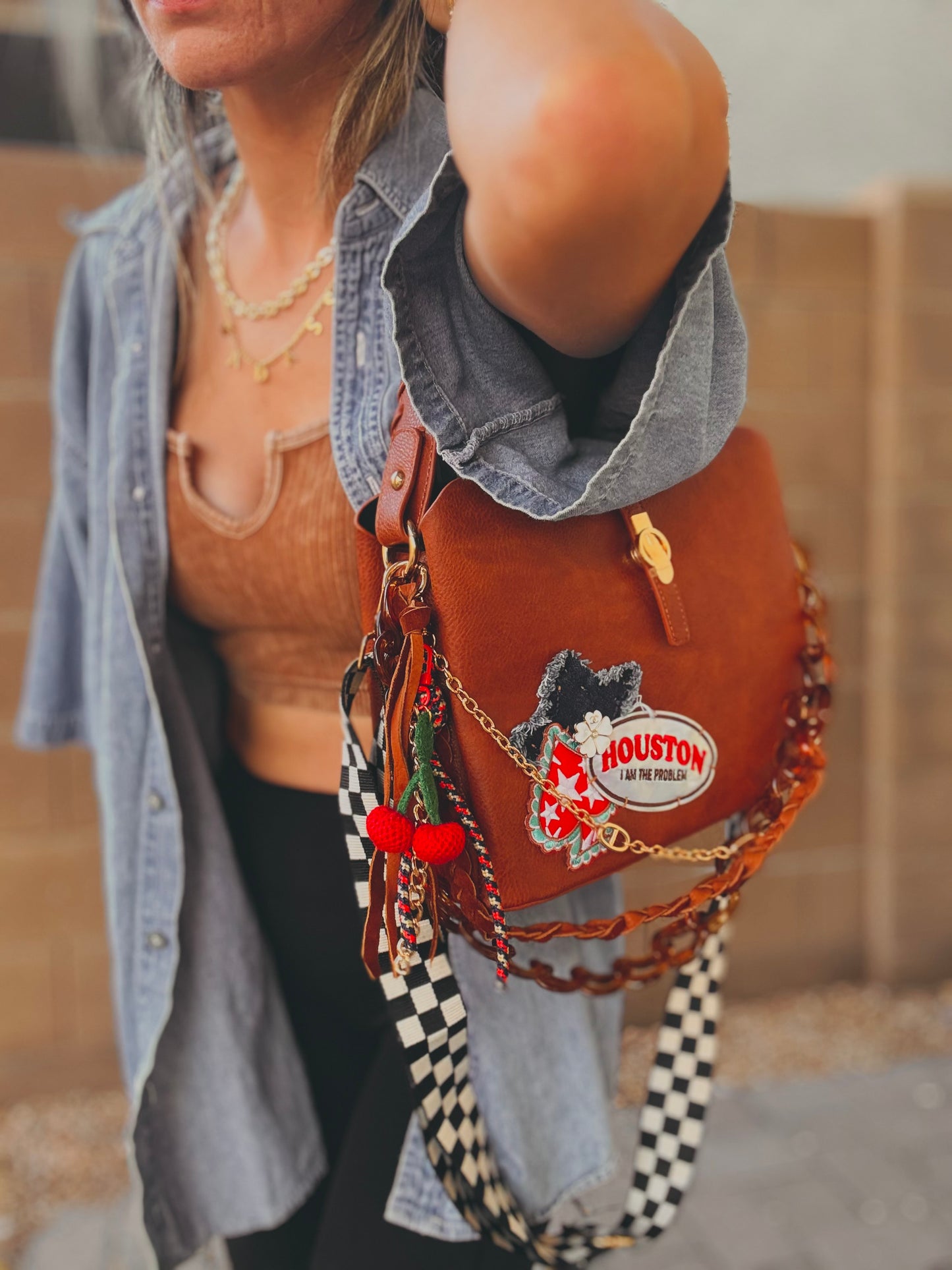 FC-Houston I’m the problem+ UPCYCLED AUTHENTIC BUTTON denim star+ genuine elk Hyde leather braid+deep Carmel  *TOMBSTONE*
