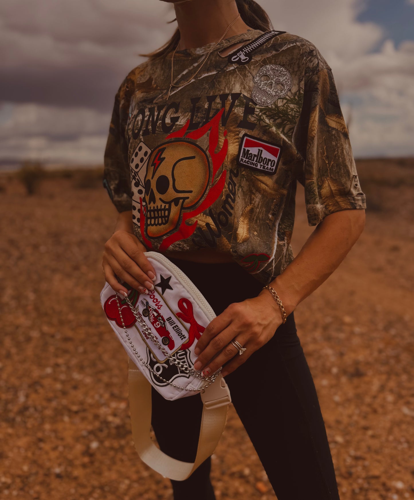 VT- LONG LIVE RAD WOMEN rhinestone skull bike babe patches - REALTREE CAMO TSHIRT