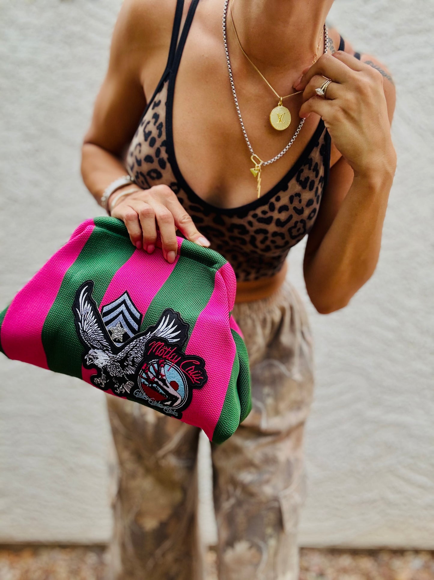AUGBAG-PINK AND GREEN EAGLE BAND BADDIE+ LIZZIE CLUTCH - has loops inside to add a strap kiss snap closure