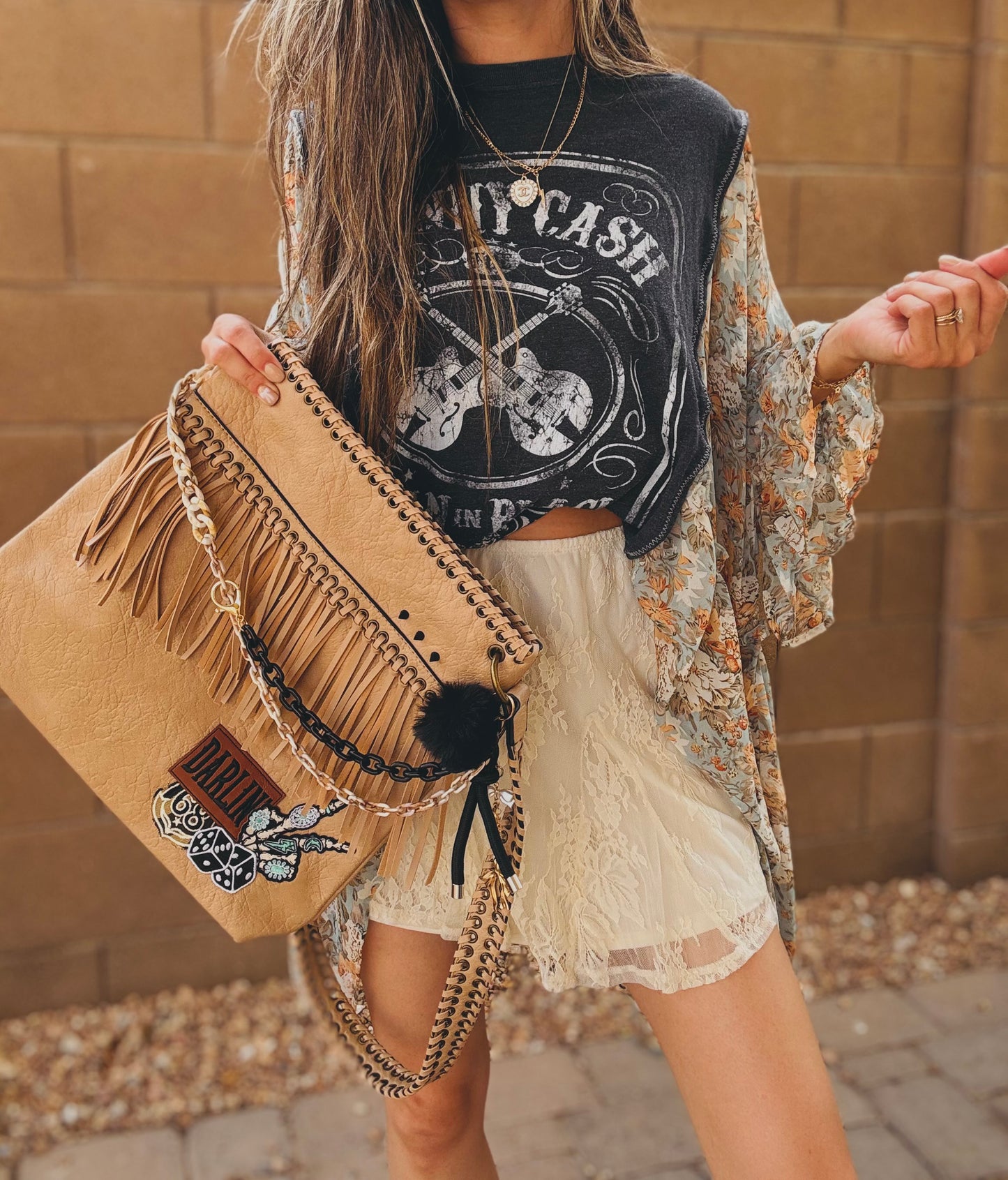 OO-DARLIN TURQUOISE SKULL HAND-CREME FRINGE BUCKLE crossbody
