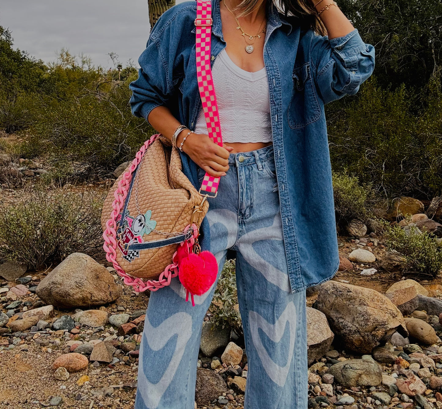 NY-take it easy Pink Bombshell+ denim snaffle bit and checkered *CHANDLER BAG**
