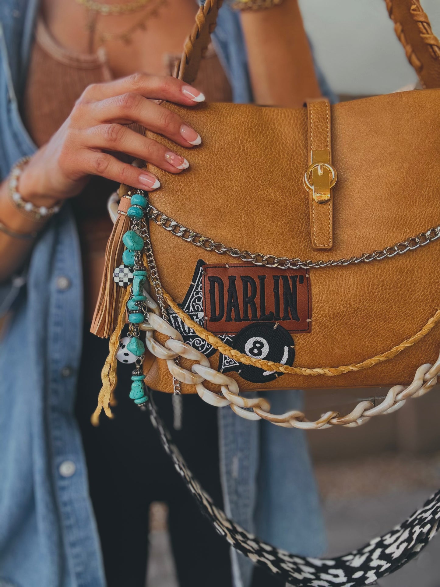 FC-Darlin+ beaded turquoise and elk Hyde braid+caramel light brown *TOMBSTONE*