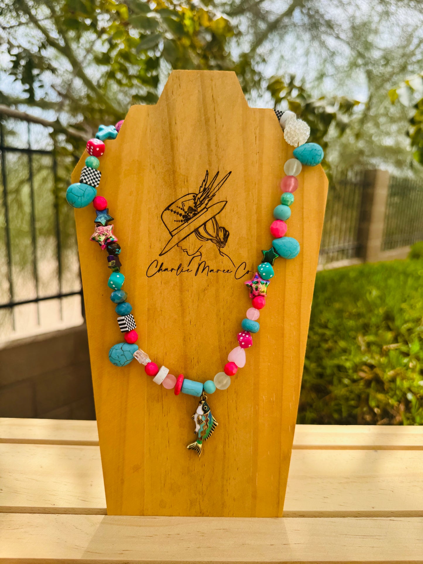 NC- declans creation pink and turquoise bass fish +Handmade chunky beaded necklace