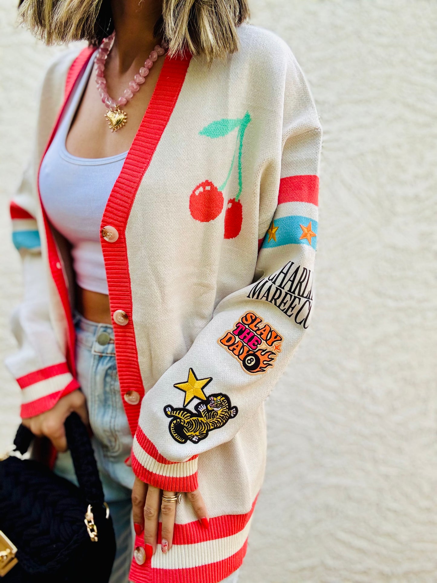 BBH-CHERRY BOMBER CARDIGAN + slay the day tiger + CM CO. babes