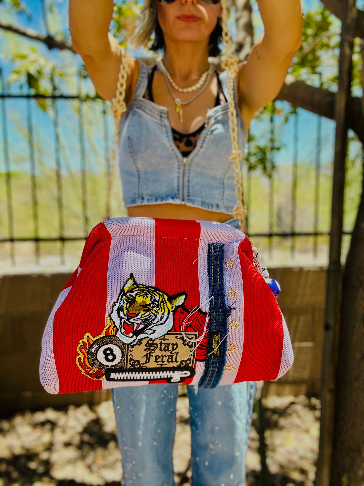 RG-stay feral- denim stitch work +** lavender and red stripe LIZZIE KISS CLUTCH** WITH STRAP