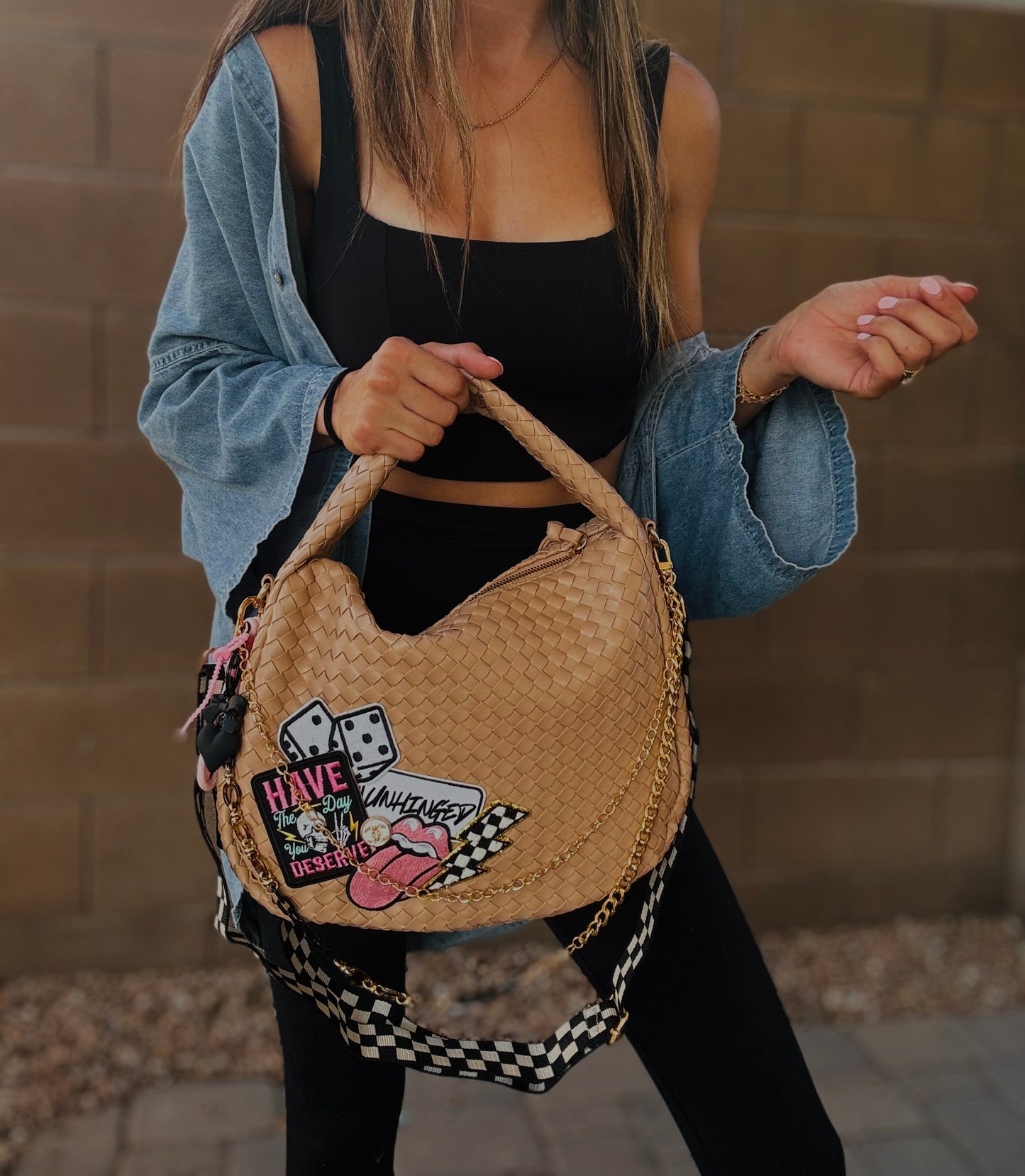 HA- have the day you deserve pink checkered Unhinged UPCYCLED CC BUTTON -taupe bag *CHANDLER BAG**