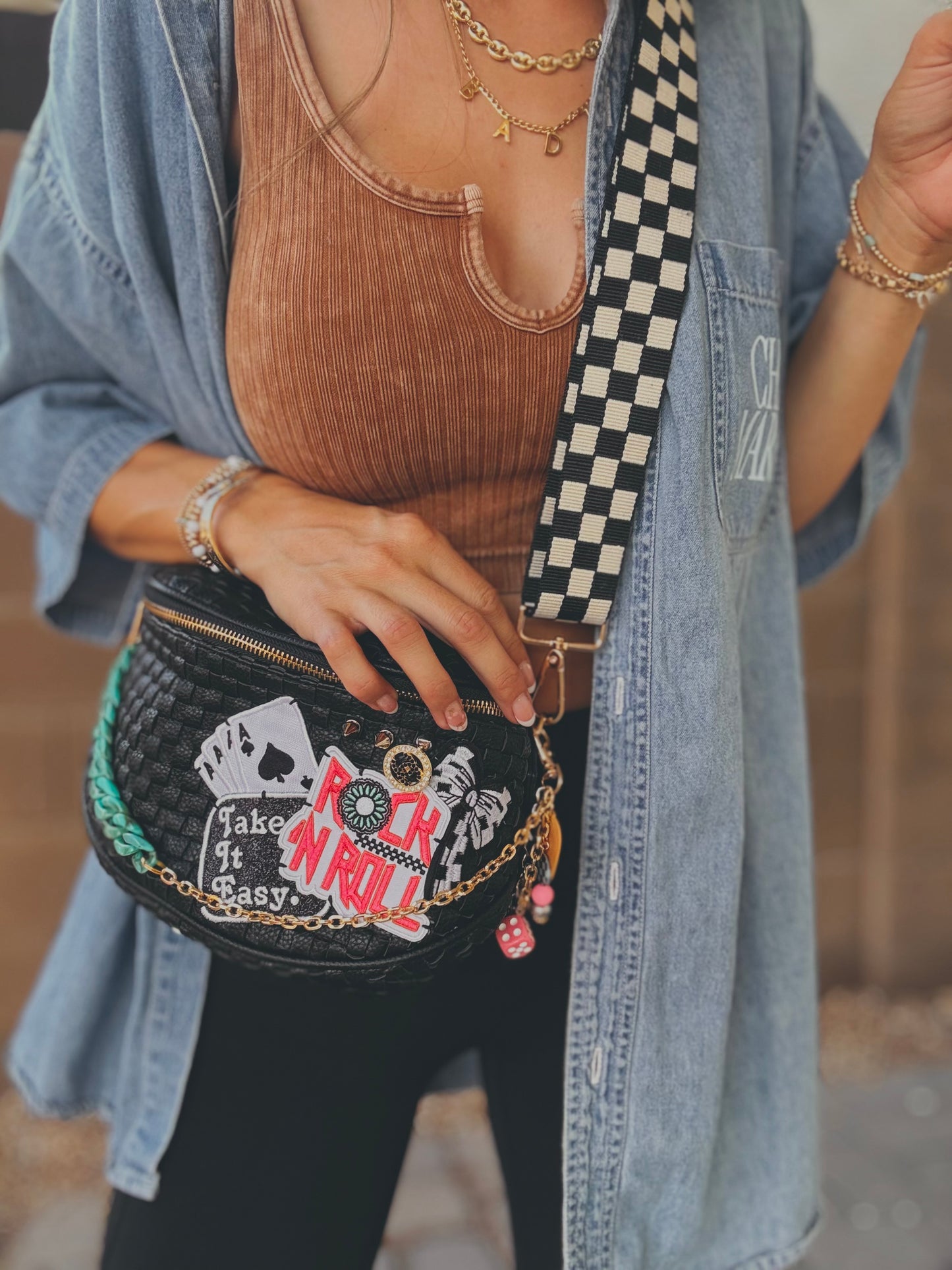FC-Take it easy+ rock and roll UPCYCLED AUTHENTIC BUTTON + upgraded checkered strap OG+PHOENIX BAG