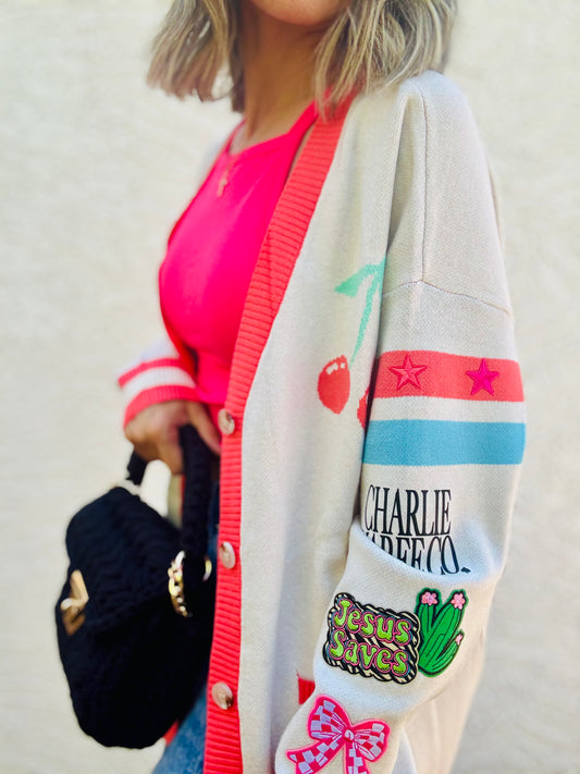 BBH-CHERRY BOMBER CARDIGAN +jesus saves retro + CM CO. babes