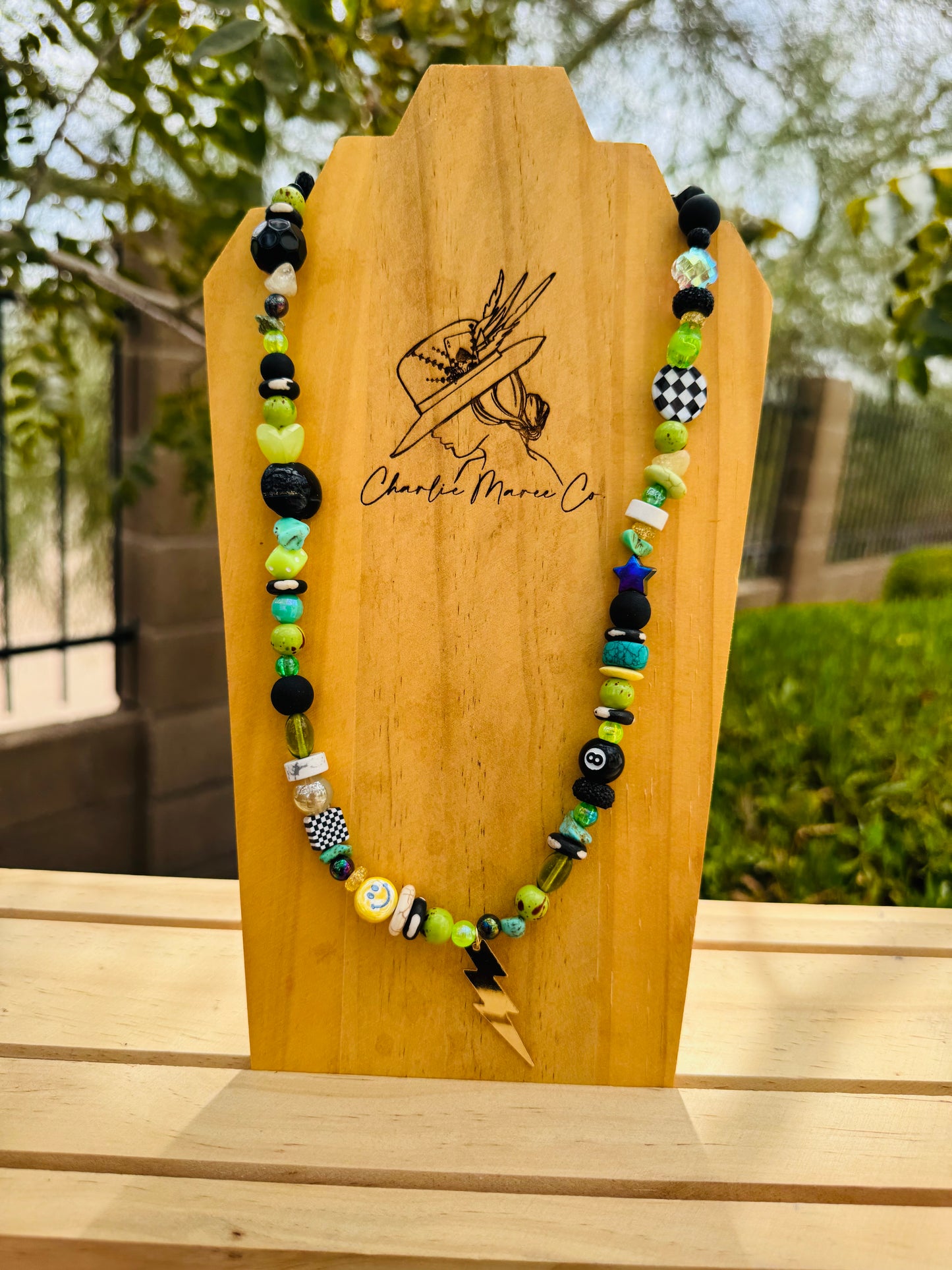 NC- Green goddess gold Bolt+Handmade chunky beaded necklace