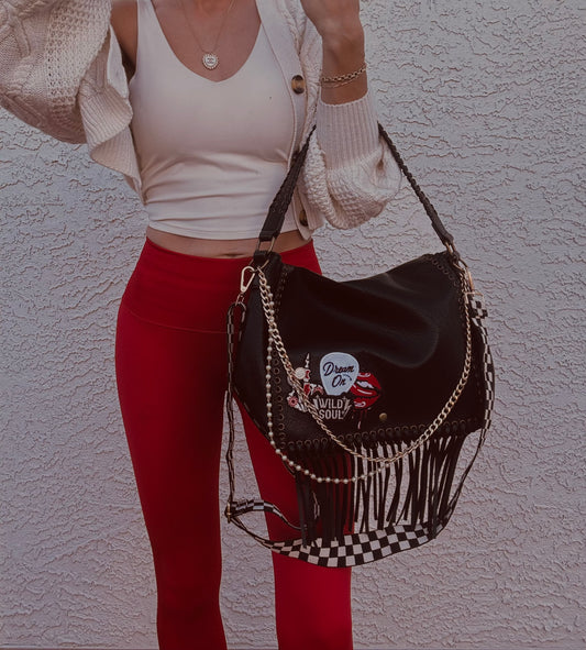 FF- red bombshell dream on + Authentic Upcycled button* - crossbody strap included** The Jerome**