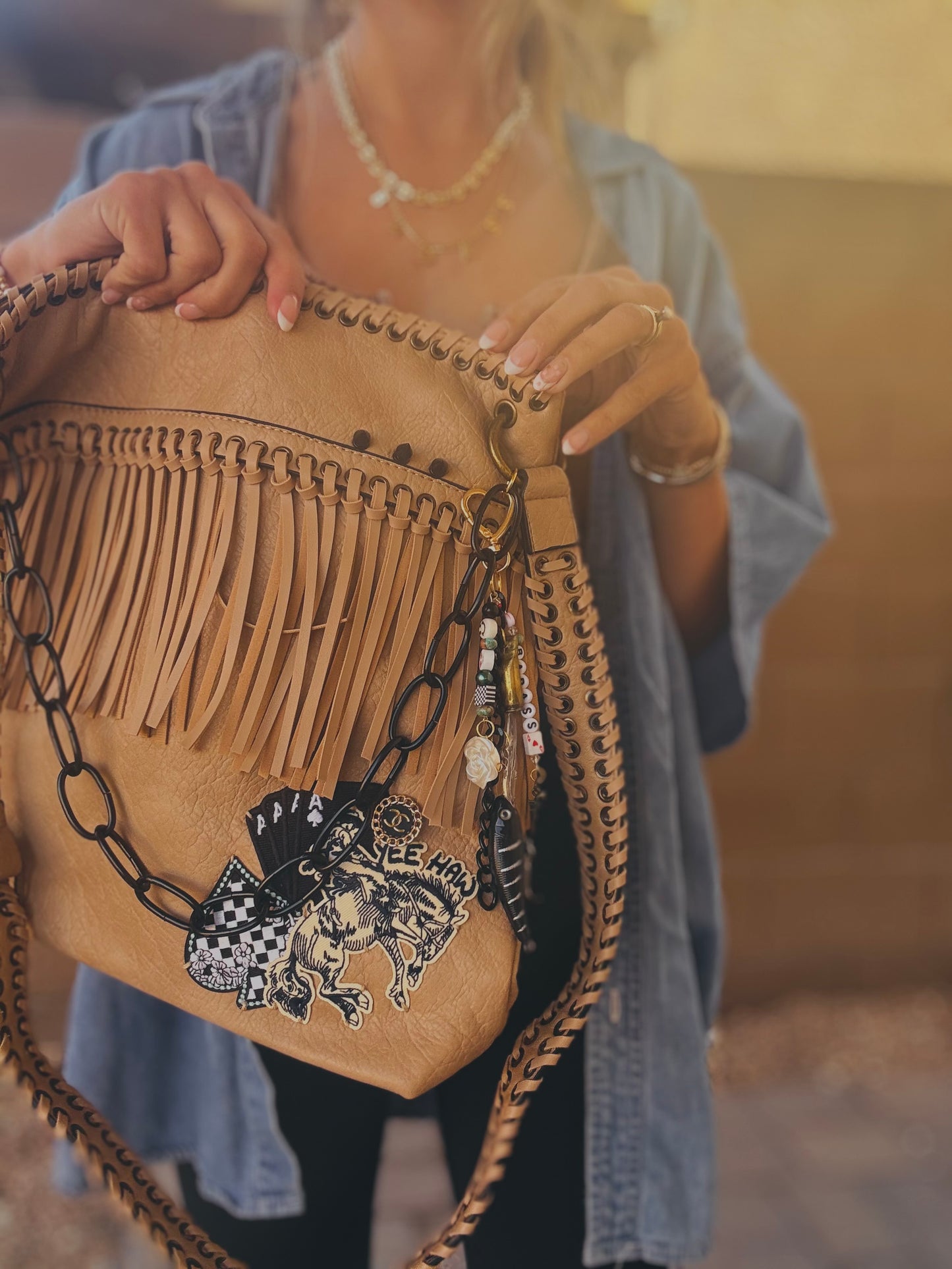 FC-buckin babe + Authentic upcycled button- FRINGE +buckle CROSSBODY