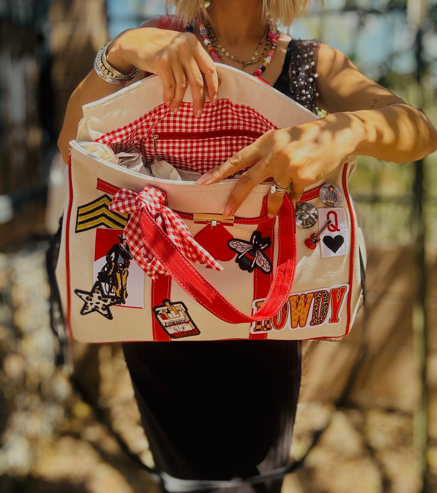 RTS-retro red cowboy -Carry all TOTE canvas- with satin lining interior