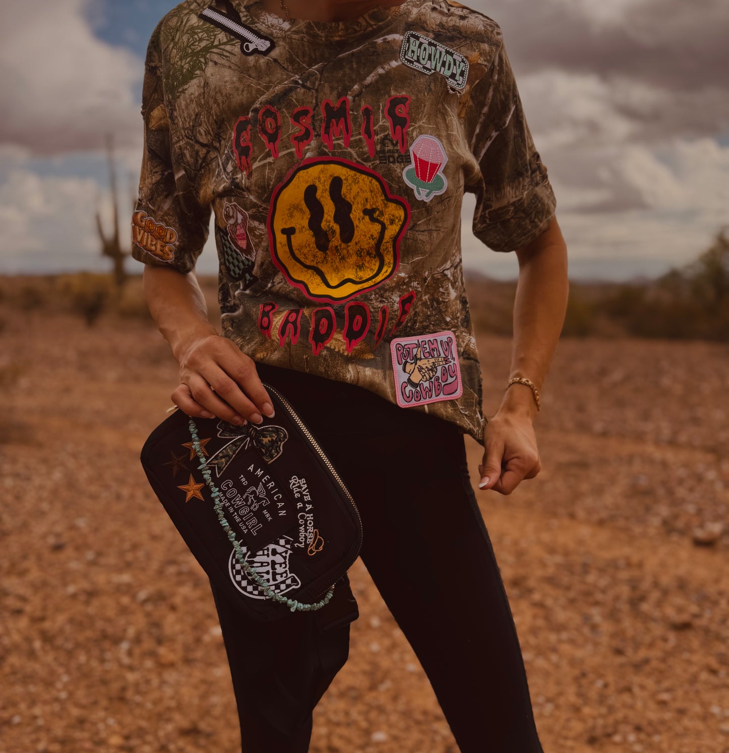 VT- Cosmic BADDIE good vibes put em up cowboy pink - REALTREE CAMO TSHIRT
