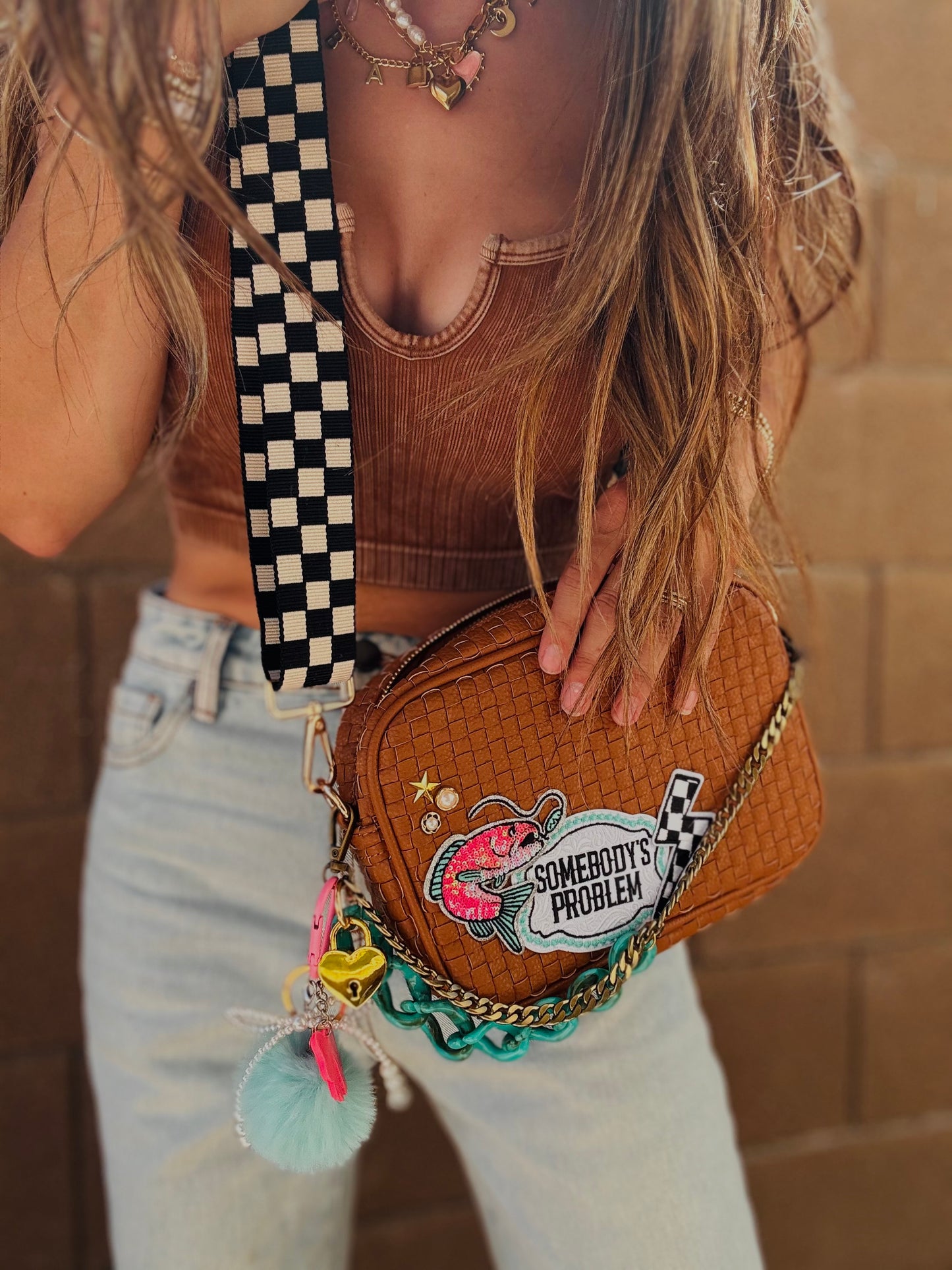 RH- SOMEBODYS PROBLEM PINK AND TEAL CHECKERED STYLE OG *Page Bag*