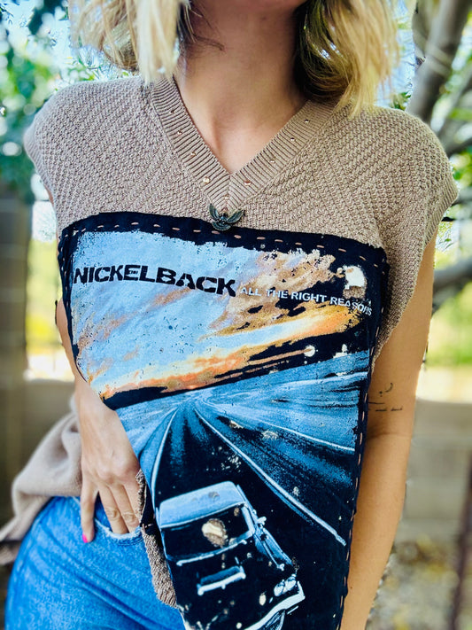 23-ROCK Band DAD SWEATER VEST- Reimagined with OPEN BACK and Cut hem- MENS MEDIUM loose open back fit