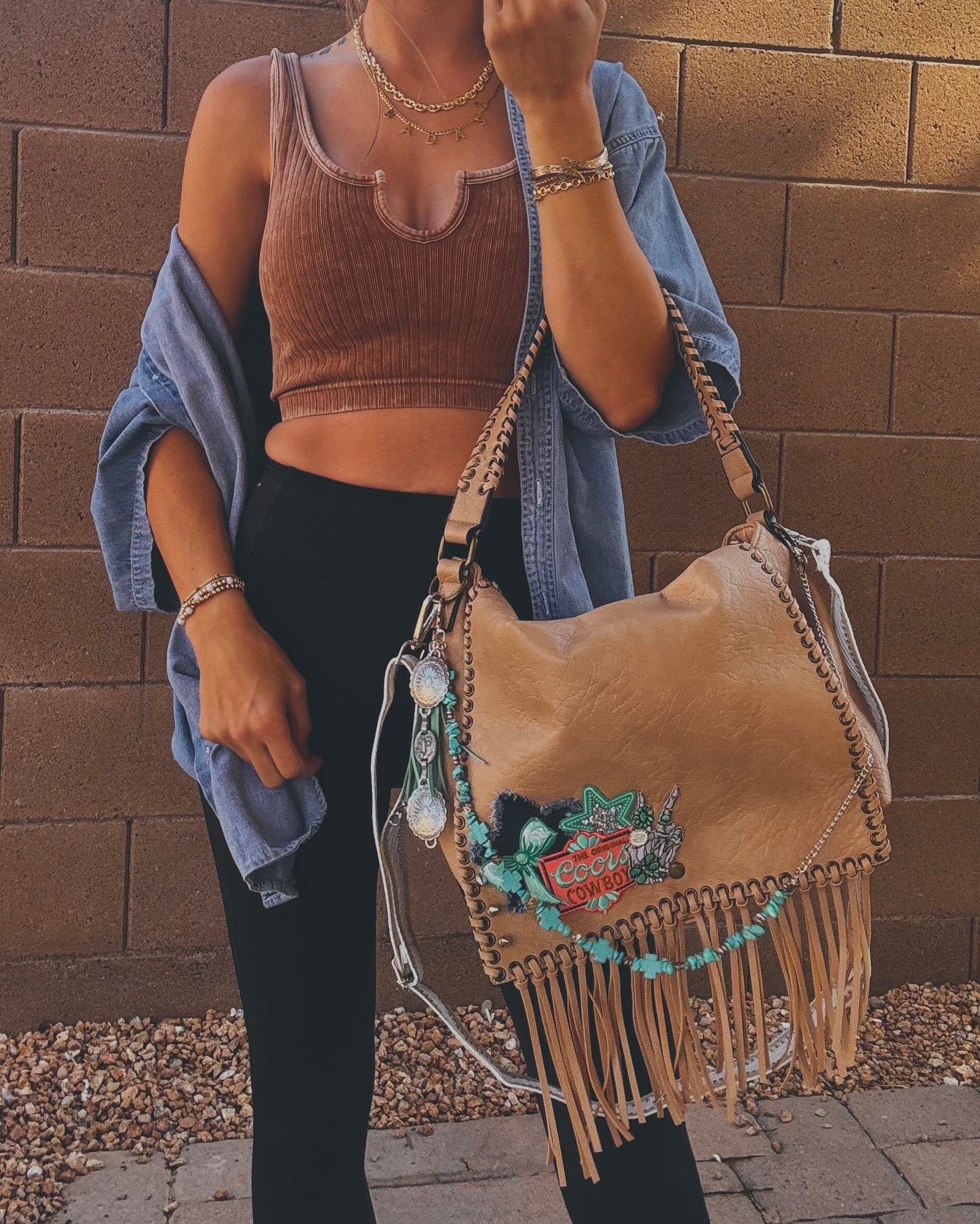 FC-turquoise and denim rodeo babe+ AUTHENTIC UPCYCLED BUTTON- crossbody strap included** The Jerome**