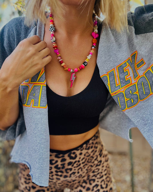 NC- neon pink rhinestone whimsy mood Bolt+Handmade chunky beaded necklace