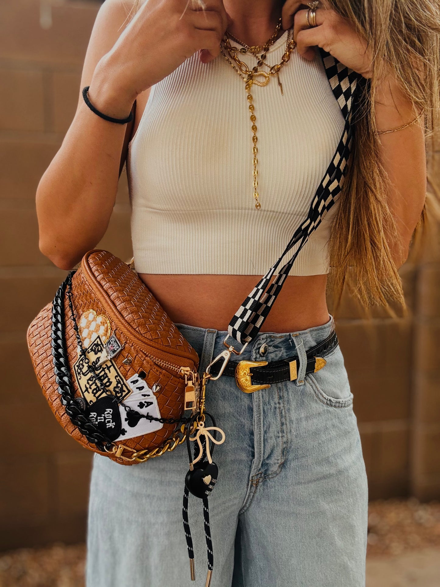 BF-Stay feral+ upcycled coco button checkered caramel OG+PHOENIX BAG