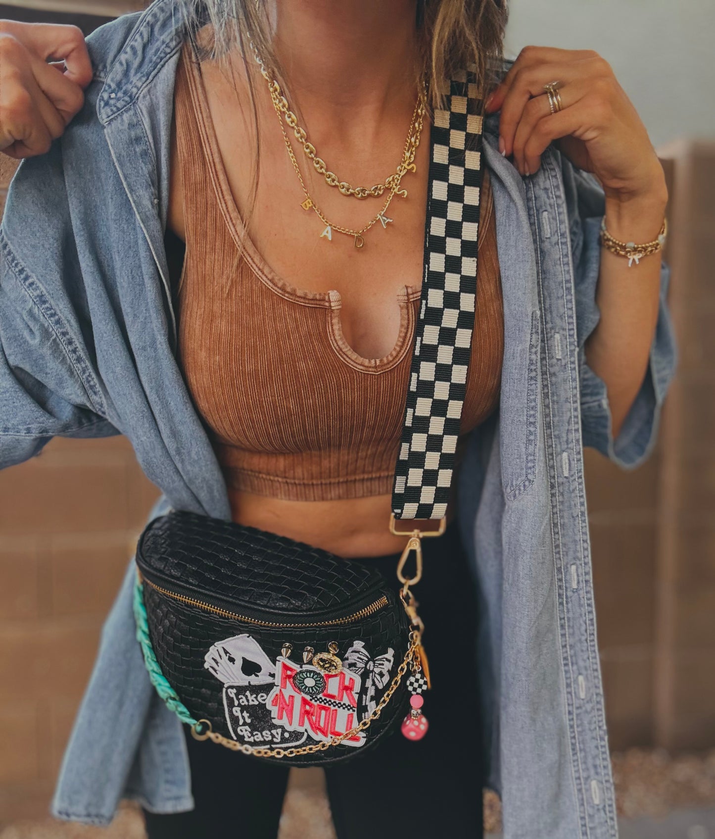 FC-Take it easy+ rock and roll UPCYCLED AUTHENTIC BUTTON + upgraded checkered strap OG+PHOENIX BAG
