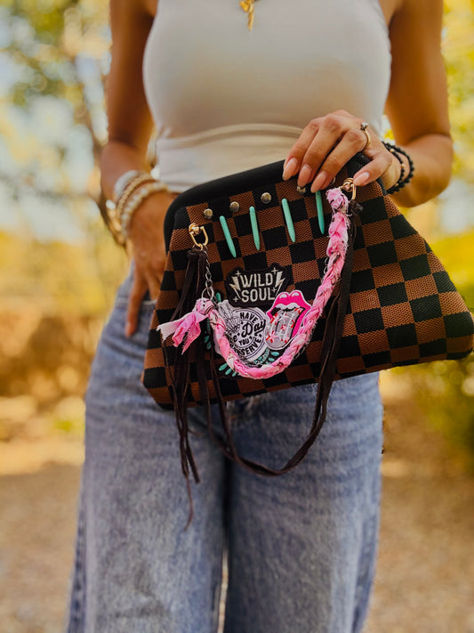 UM-DAY YOU DESERVE WILD SOUL STITCHED TURQUOISE CHECKERED BLACK AND BROWN +** LIZZIE KISS CLUTCH**
