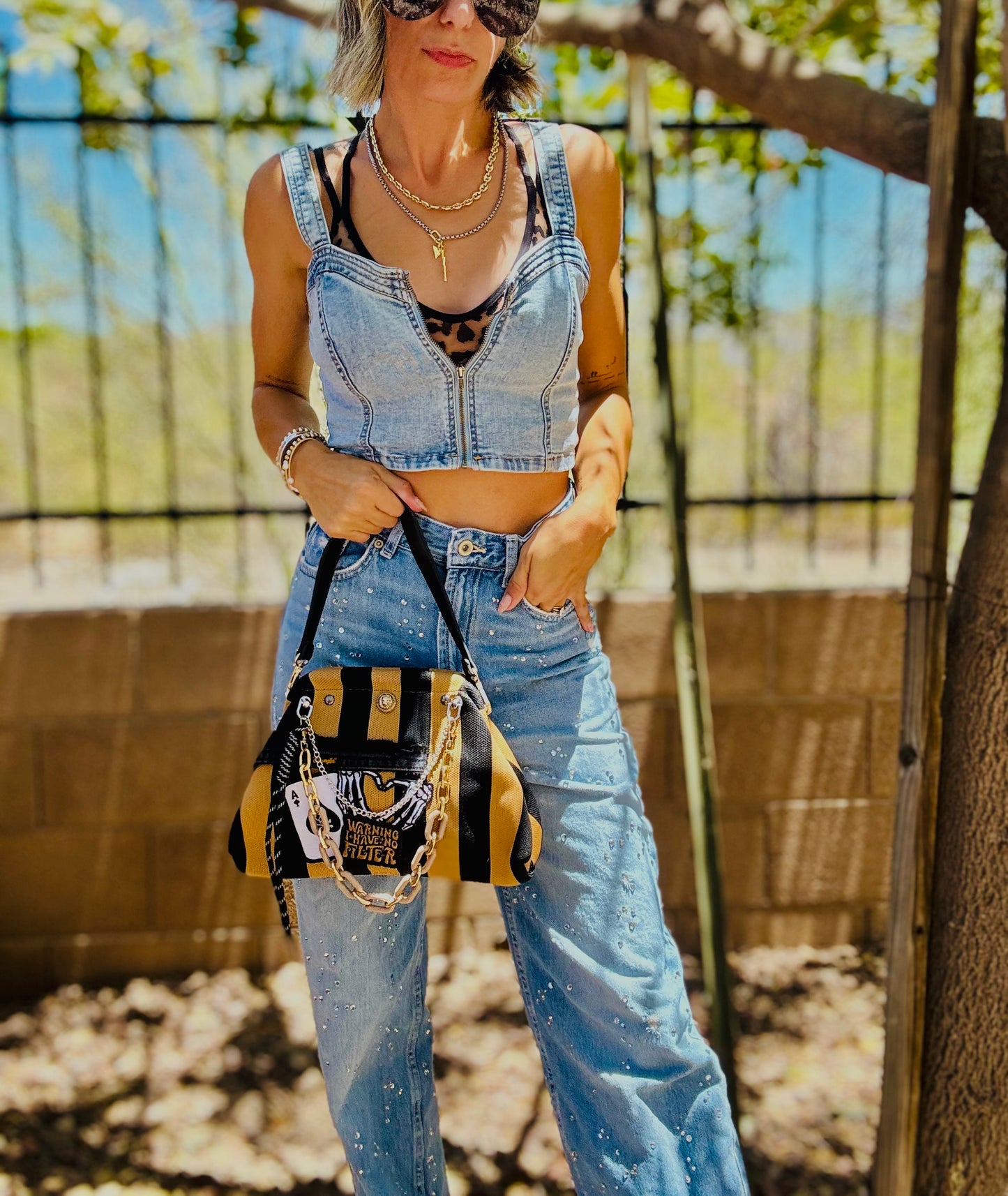 RG-warning I have no filter +wrangler denim patch work ++tan and black stripe LIZZIE KISS CLUTCH** WITH STRAP