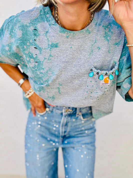 HD-STITCHED BEADED TURQUOISE DISTRESSED POCKET SHIRT - MENS MEDIUM