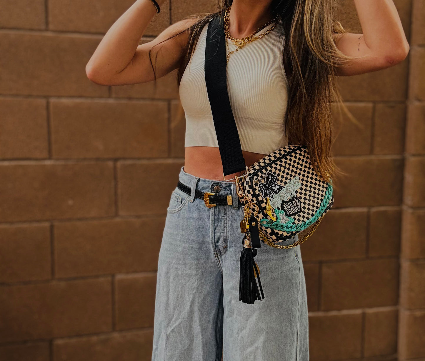 BF- upcycled vintage wrangler Teal +wild soul vintage black checkered premium OG+ PAGE BAG