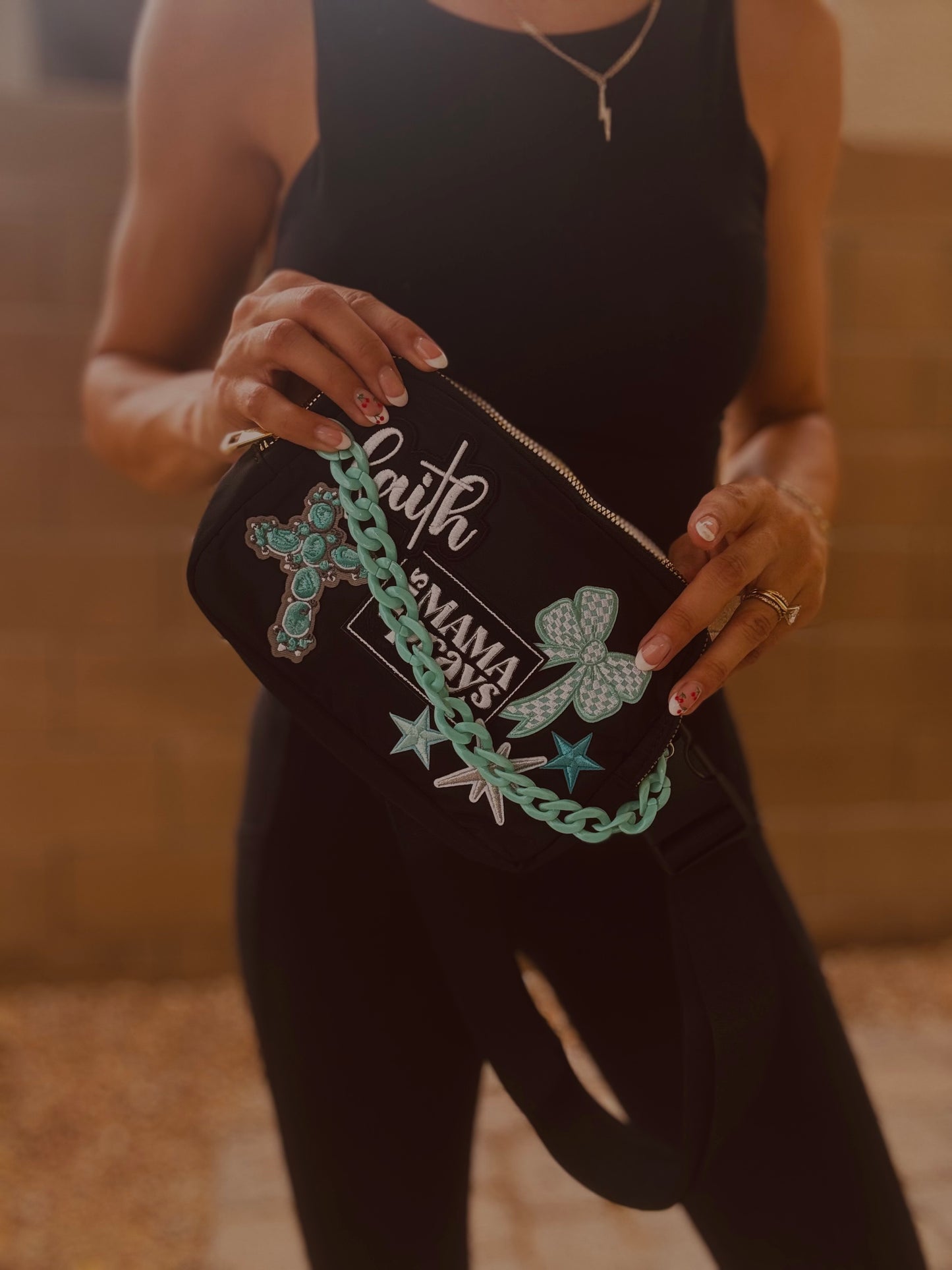 BB-this mama prays turquoise cross- Black BELT BAG