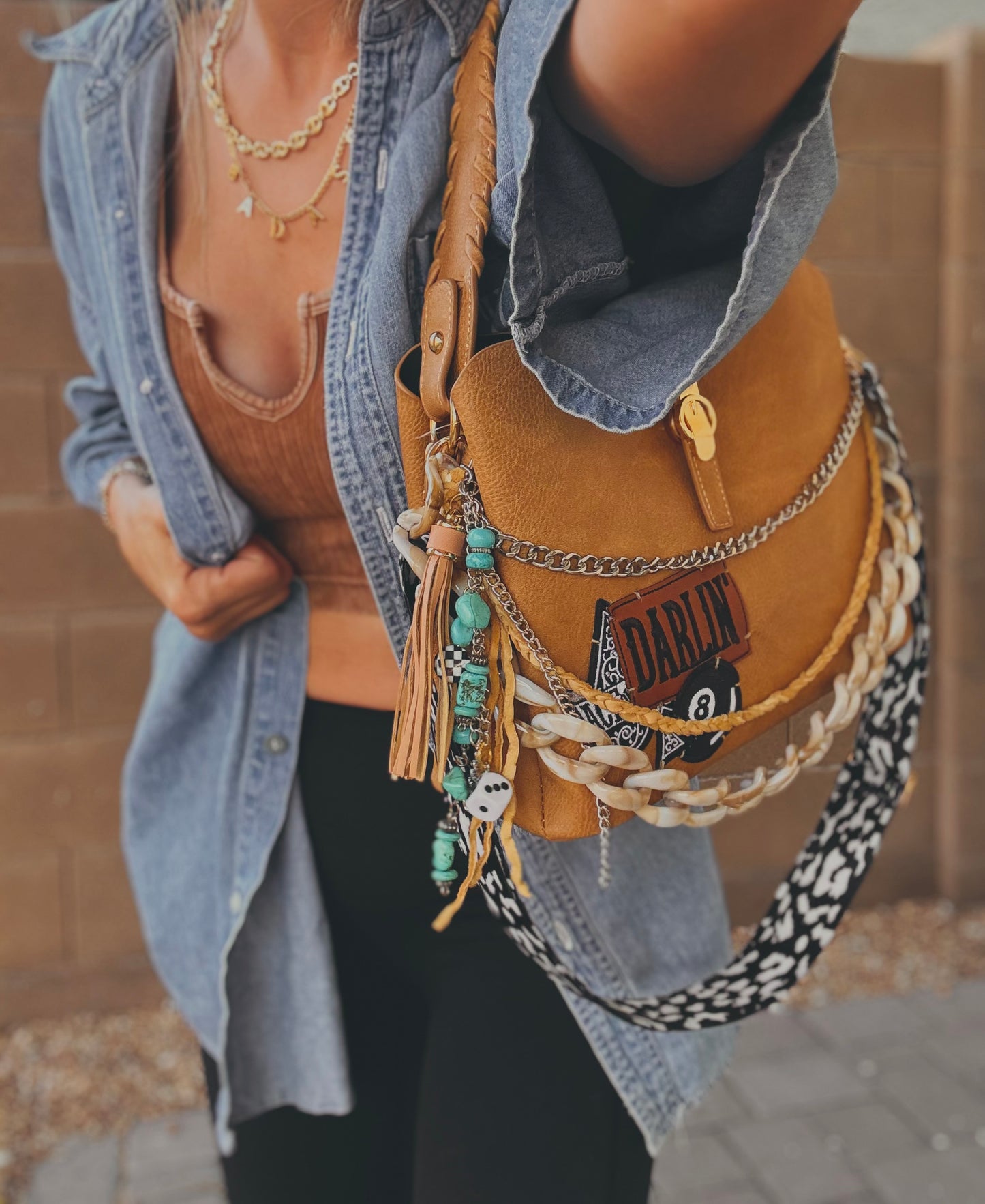 FC-Darlin+ beaded turquoise and elk Hyde braid+caramel light brown *TOMBSTONE*