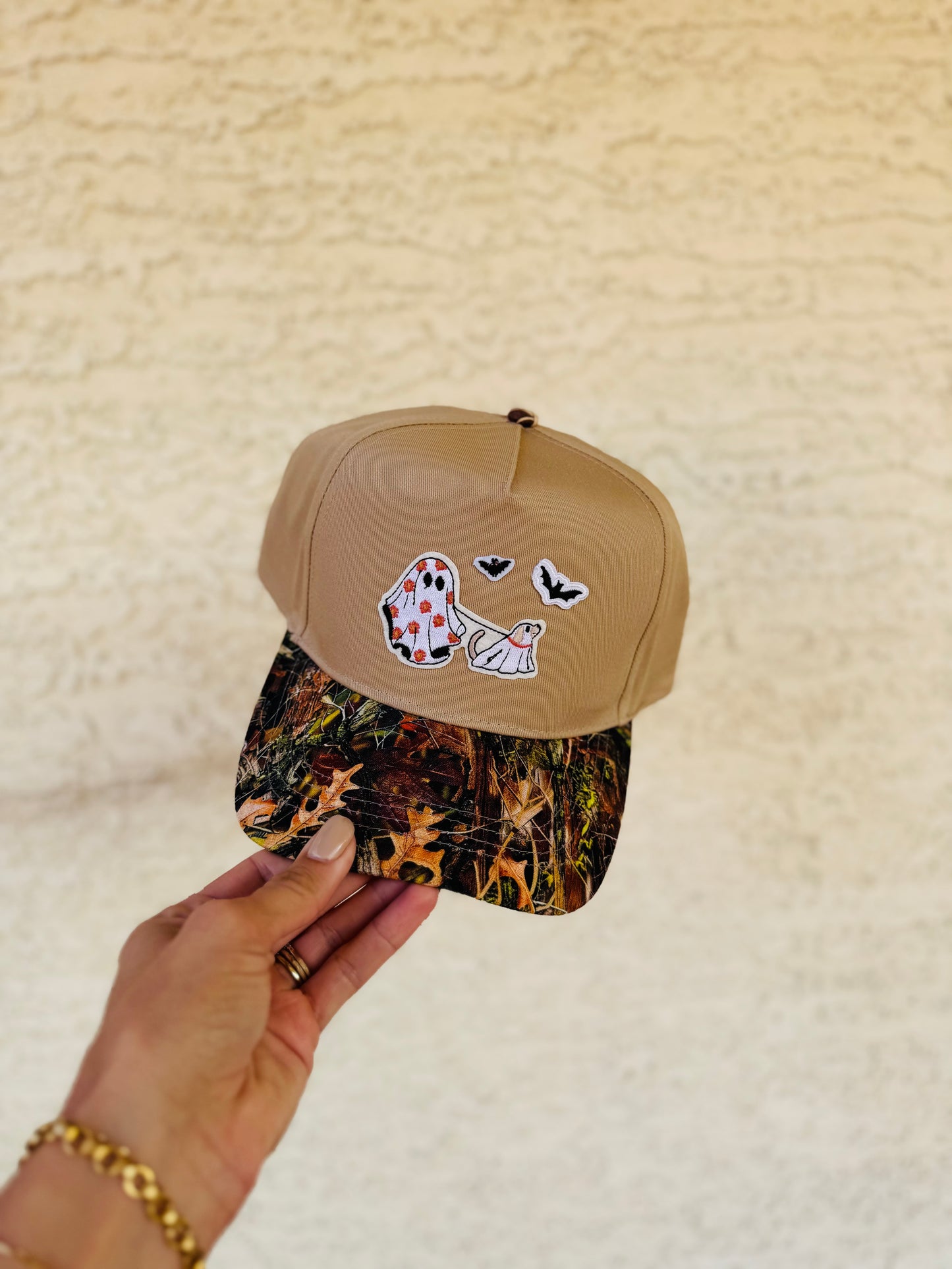 BOO-dog mom, ghost and bats,  -vintage canvas CAMO snapback