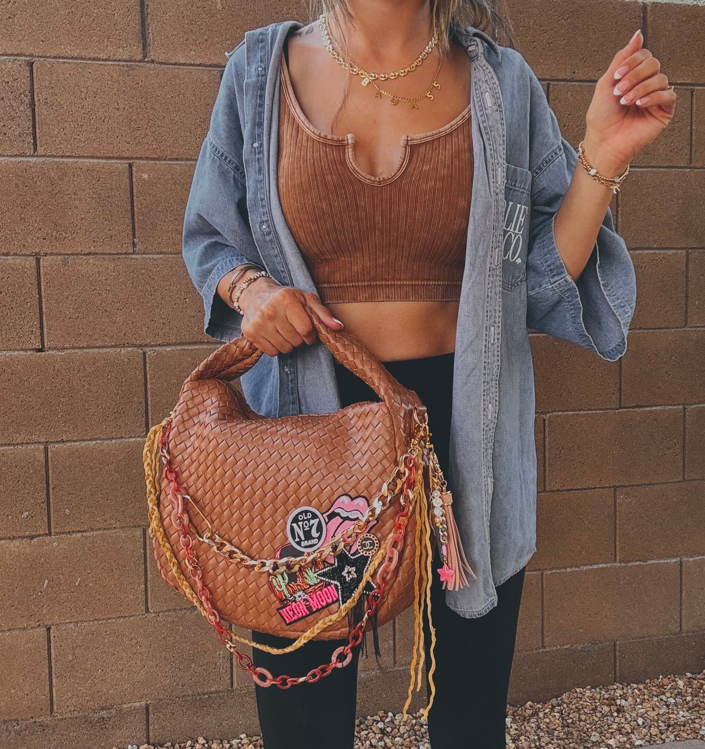FC-neon moon 7+UPCYCLED AUTHENTIC BUTTON+ upgraded genuine tooled leather strap +Light brown bag   *CHANDLER BAG**