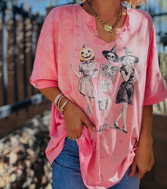 MD-vintage pinup pink lace wash DAD TEE MEDIUM fits more LARGE BOTTOM HEM CUT OFF open back chains