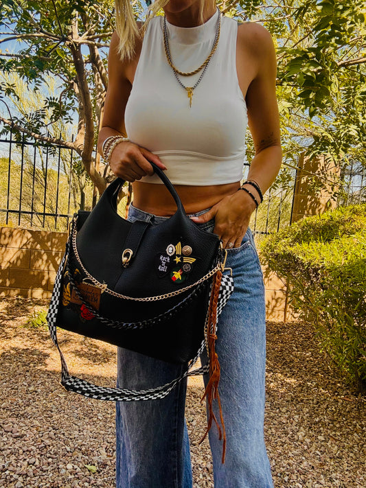 UM - SOMEBODYS PROBLEM ROCK AND ROLL VINTAGE CHECKERED STRAP+ elk hide accents +TUCSON ** multi straps