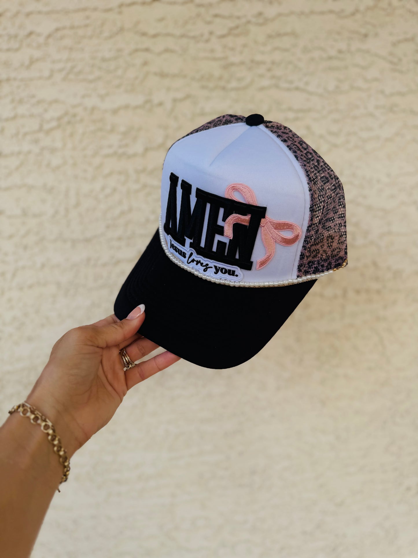 PT- AMEN + Jesus loves you, pink bow.+ upgraded premium leopard mesh back