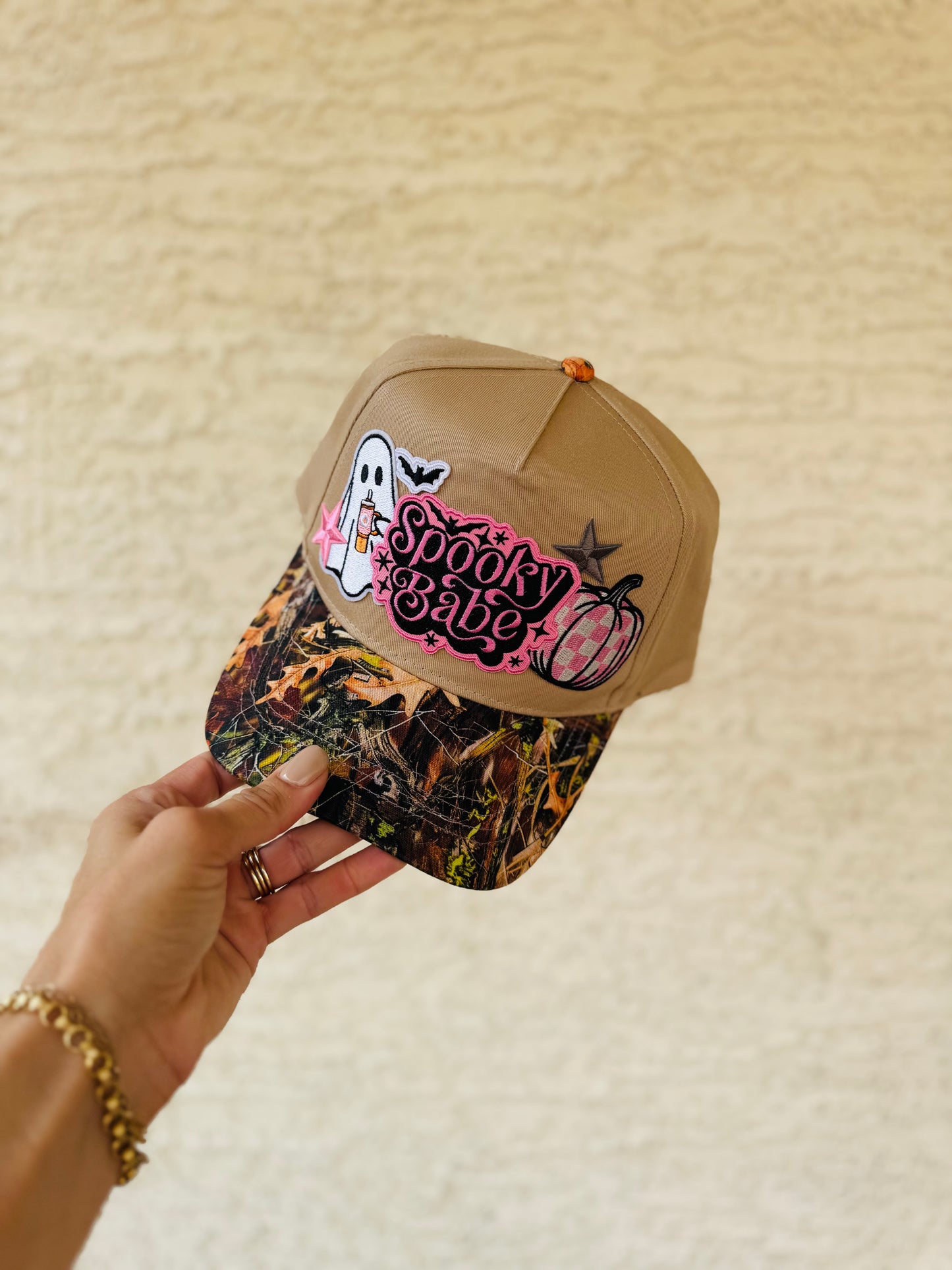 BOO-SPOOKY BABE PINK STANLEY CUP GHOSTIE CHECKERED pumpkin - vintage CAMO canvas snapback