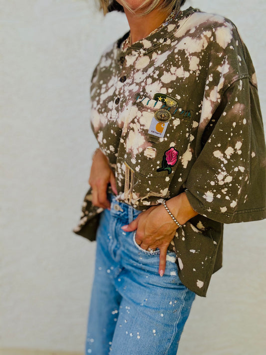 HD- army green pink rose DISTRESSED POCKET SHIRT - MENS 2XL CUT button top